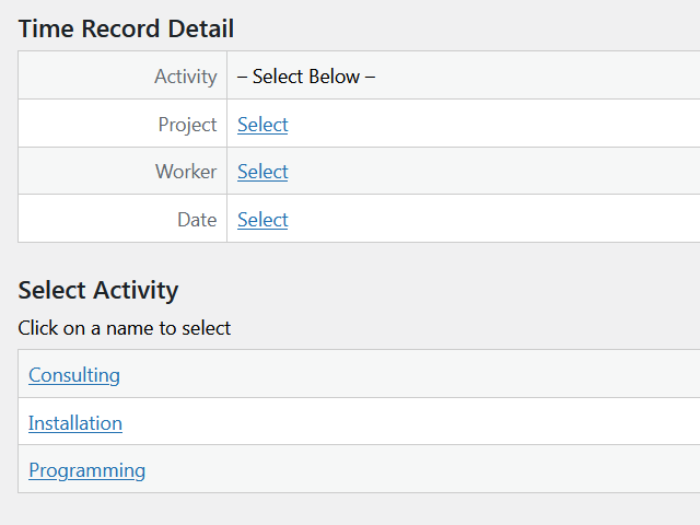 Select project, activity and worker for a new time card.