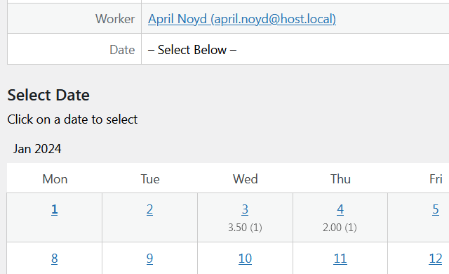 Select date for time record. The worker may already have time cards for some dates.