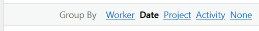 Group timecard listing by worker, activity or project.